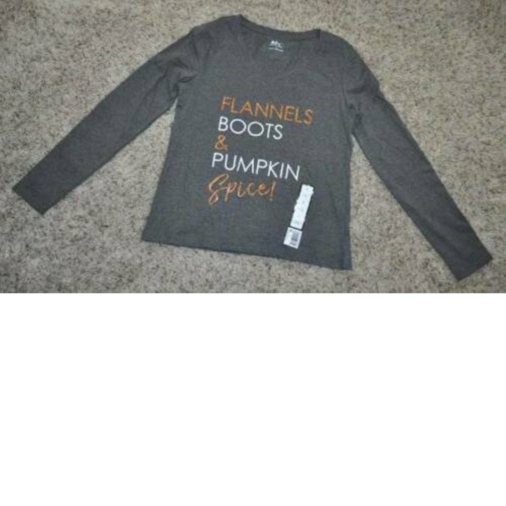 Halloween Shirt Flannels Boots Pumpkin Spice Large Gray Long Sleeve Crew Womens